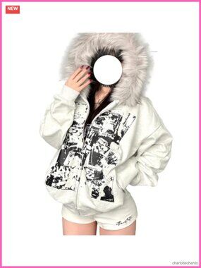 Y2K Grunge Faux Fur Hoodie Zip Up Punk Gothic Graphic Jacket Streetwear